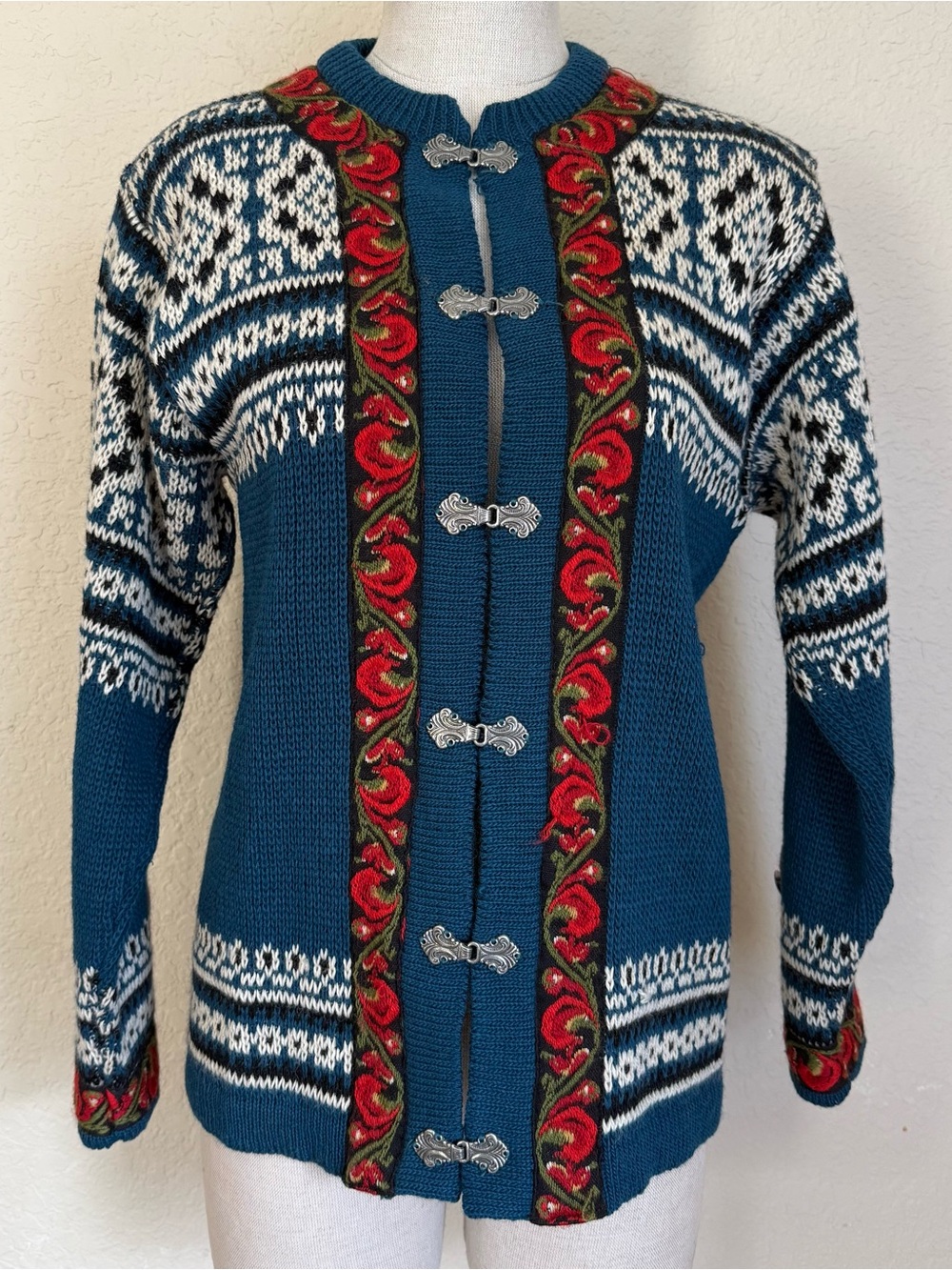 Vintage Norwegian Wool Cardigan Sweater Scandinavian Nordic Folk Knit Siril